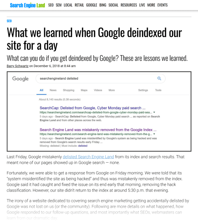 Search Engine Land – What we learned when Google deindexed our site