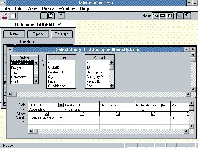 Microsoft Access 1.1 from 1992 with a visual query editor and a forms builder