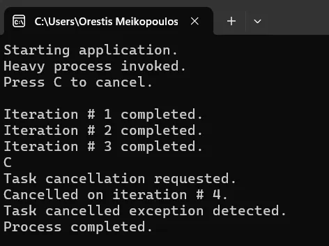 Task cancellation code sample output