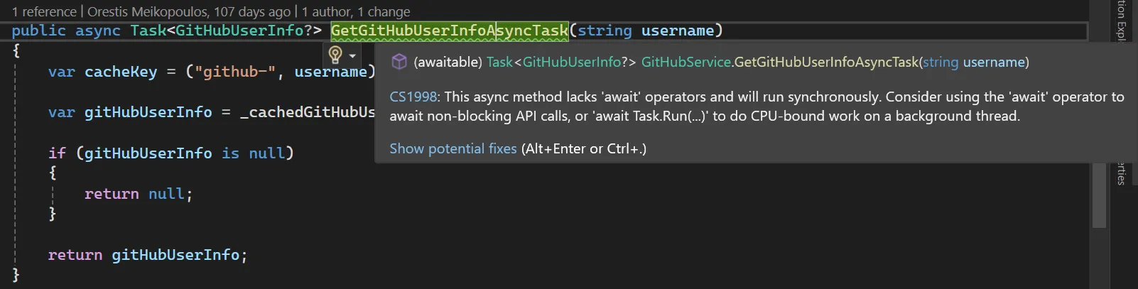 Compiler warning for async method that does not use await inside its body