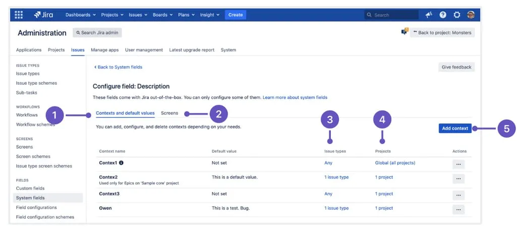 The Description Field can be found in system fields when you select Issues. Source: Atlassian documentation