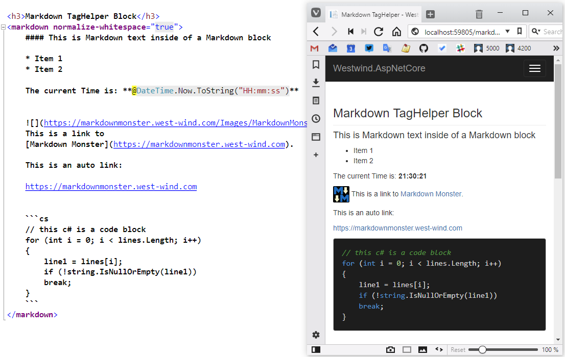 Figure 1 : Output from the Markdown TagHelper rendered into the stock ASP.NET Core templates