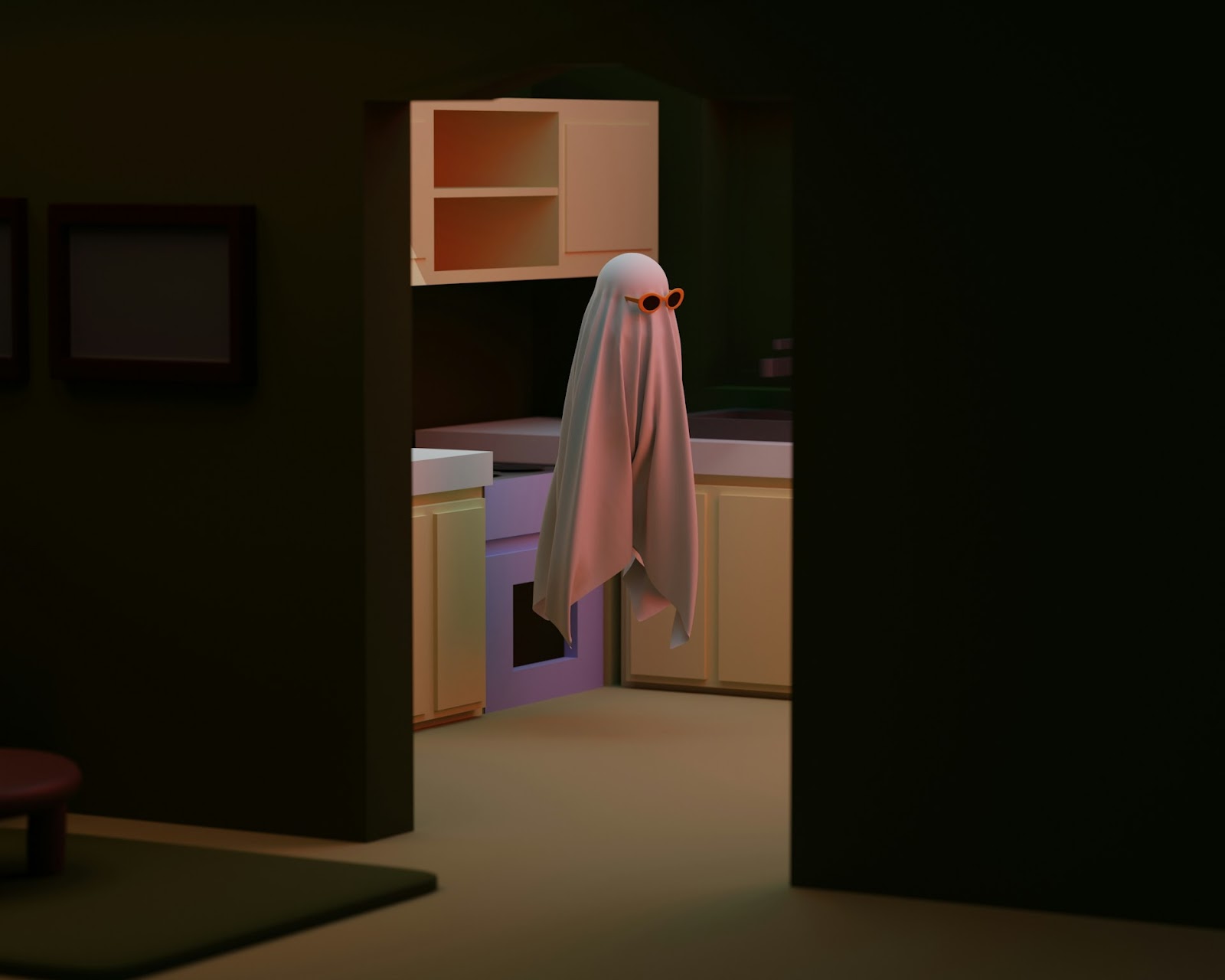 A graphic of a blanket ghost in sunglasses floating in a kitchen