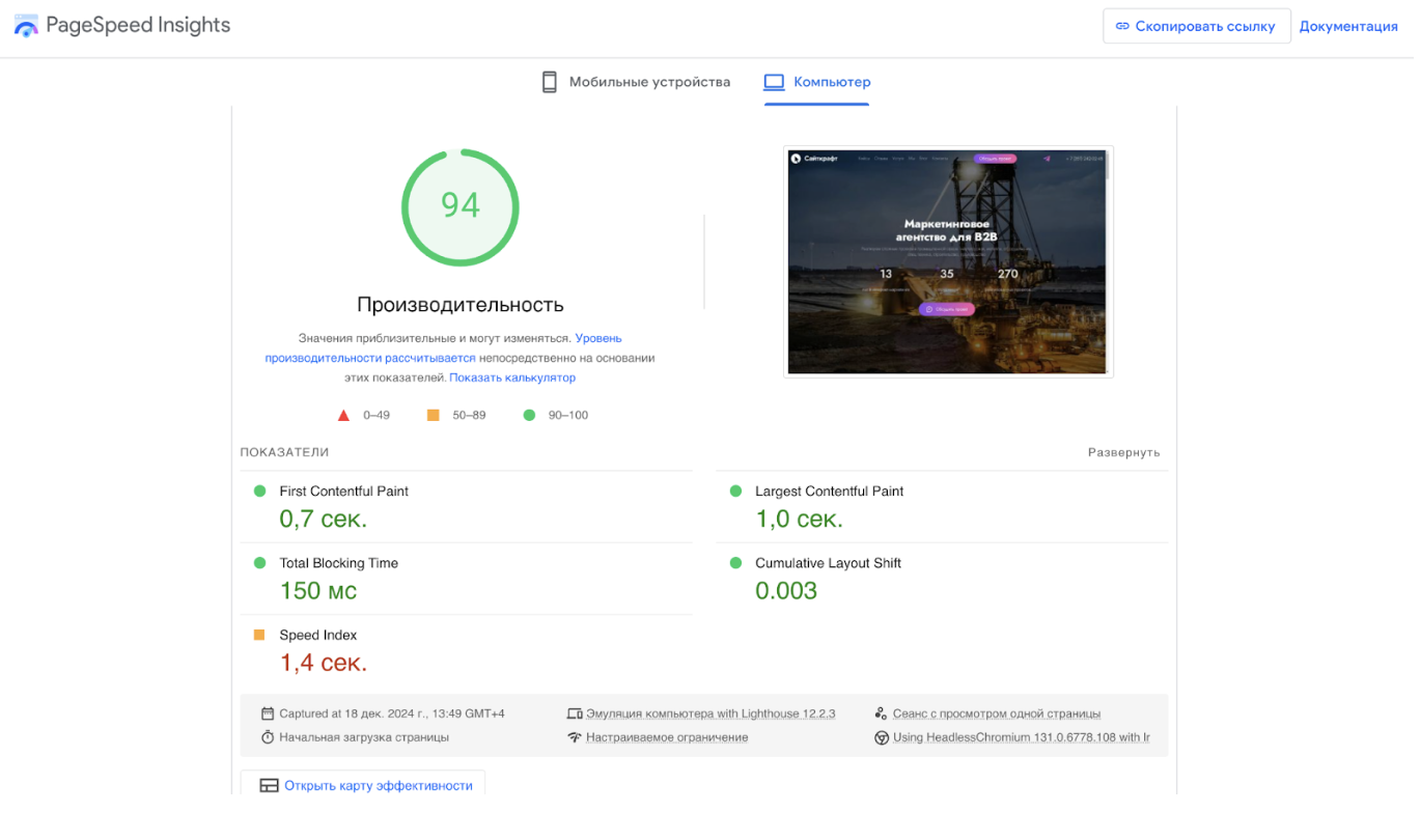 Скриншот с сайта Google PageSpeed Insights (Проверка нашего сайта на скорость и производительность).