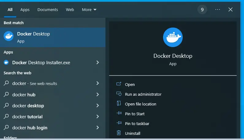 Docker start menu